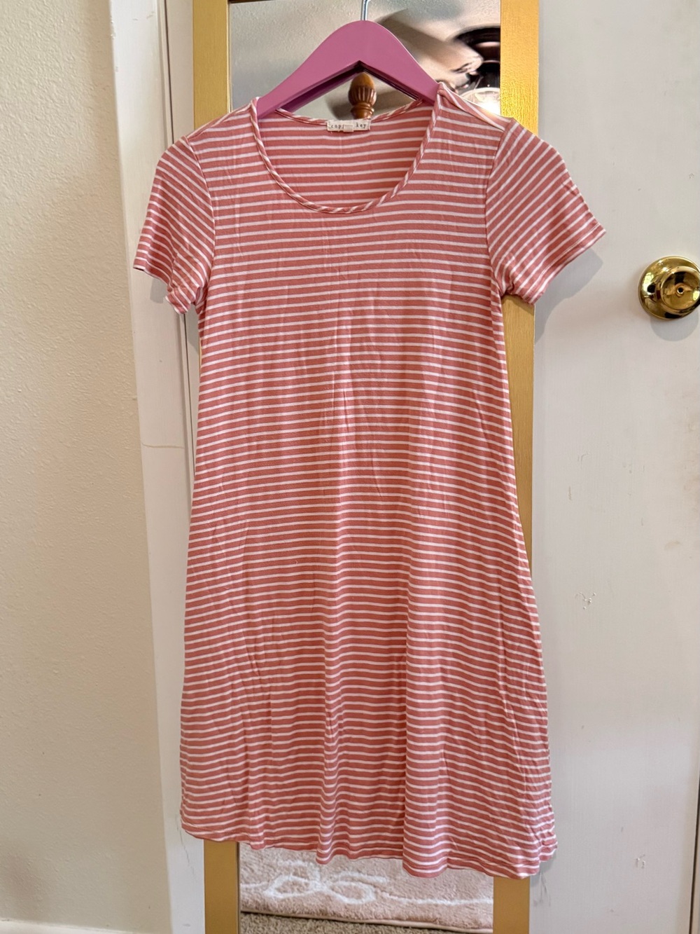 Copper Key Pink and White Striped Casual Kids Dress. Peach not pink
